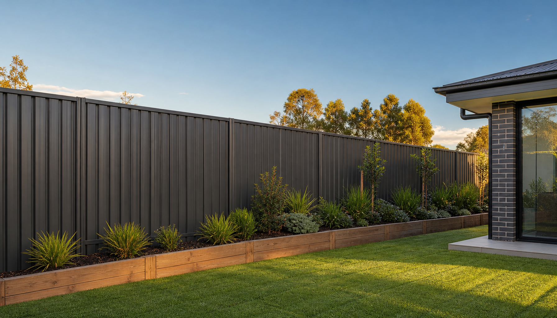 Newly installed charcoal Colorbond fence with a landscaped native garden bed in a Perth backyard